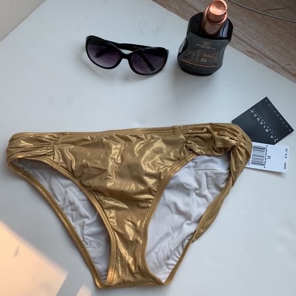 La Blanca Gold Ruched Two Piece Bandeau Bikini Set Halter Tie Wear It 3 Ways ⭐️ - Picture 9 of 16